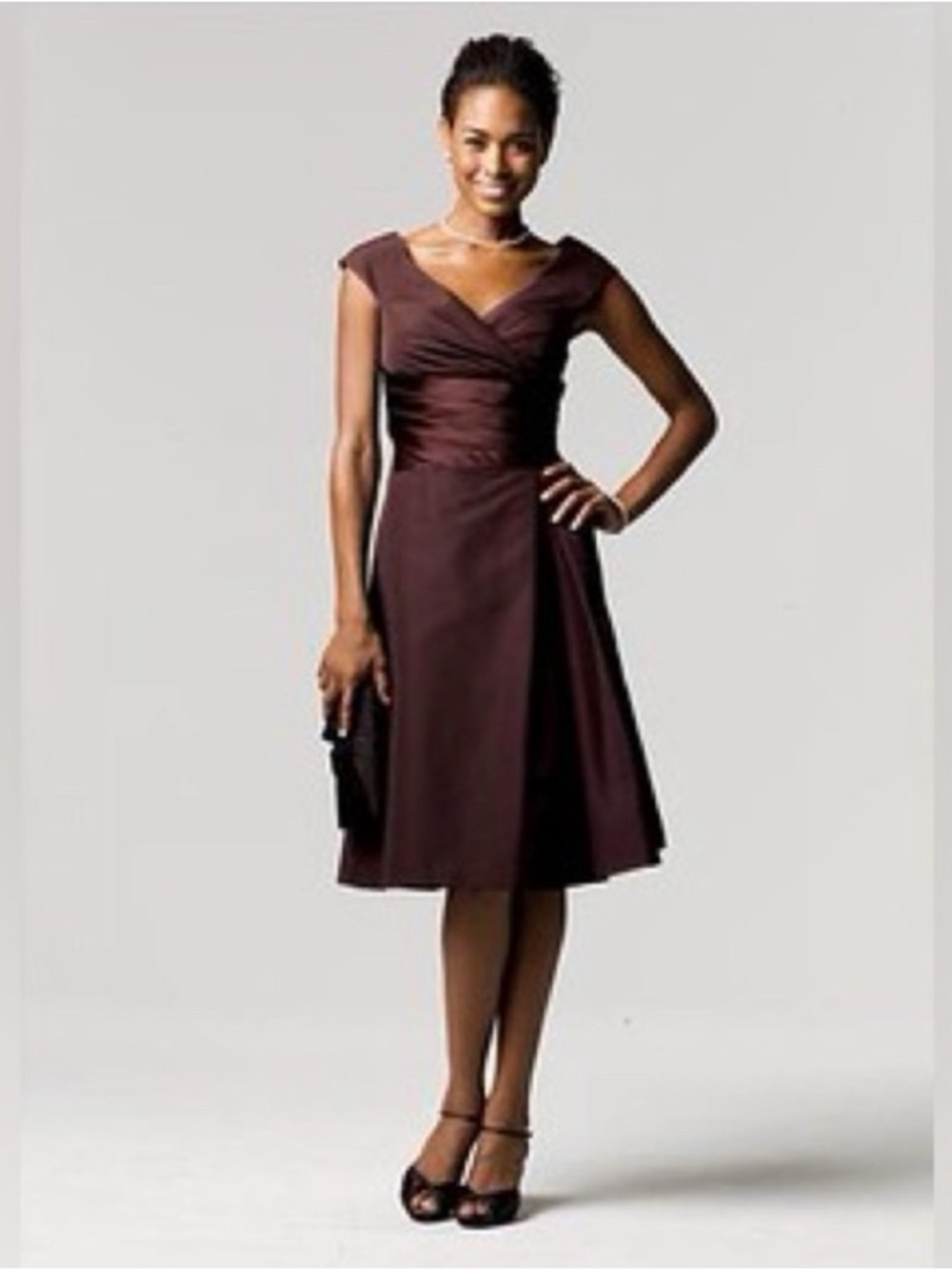 NWT David's Bridal Brown Cap-Sleeve Surplice Midi Formal Dress, Size 6, F12723